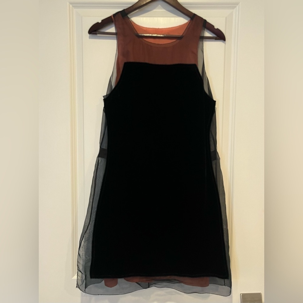 Vera Wang designer dress Sz. S/M silk/velvet black with brown slip sheer romanti